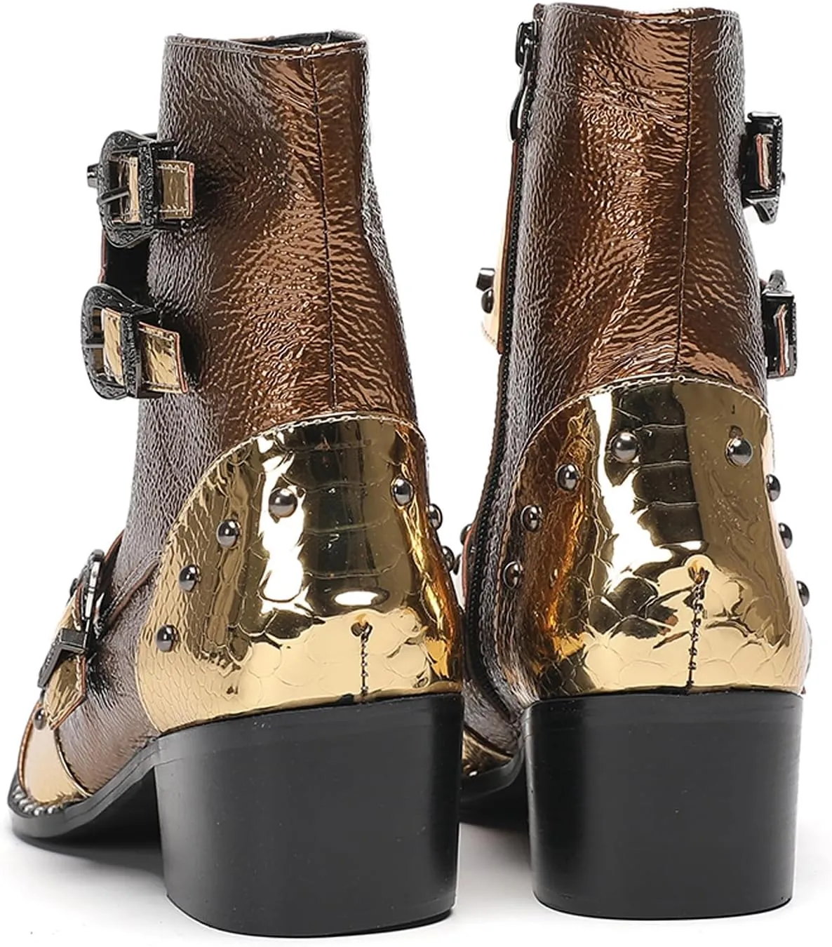 Santimon Men's Genuine Leather Cowboy Boots - Western Dress Boots with Metal Toe & Buckles | Mid-Calf Party, Rock & Motorcycle Boots