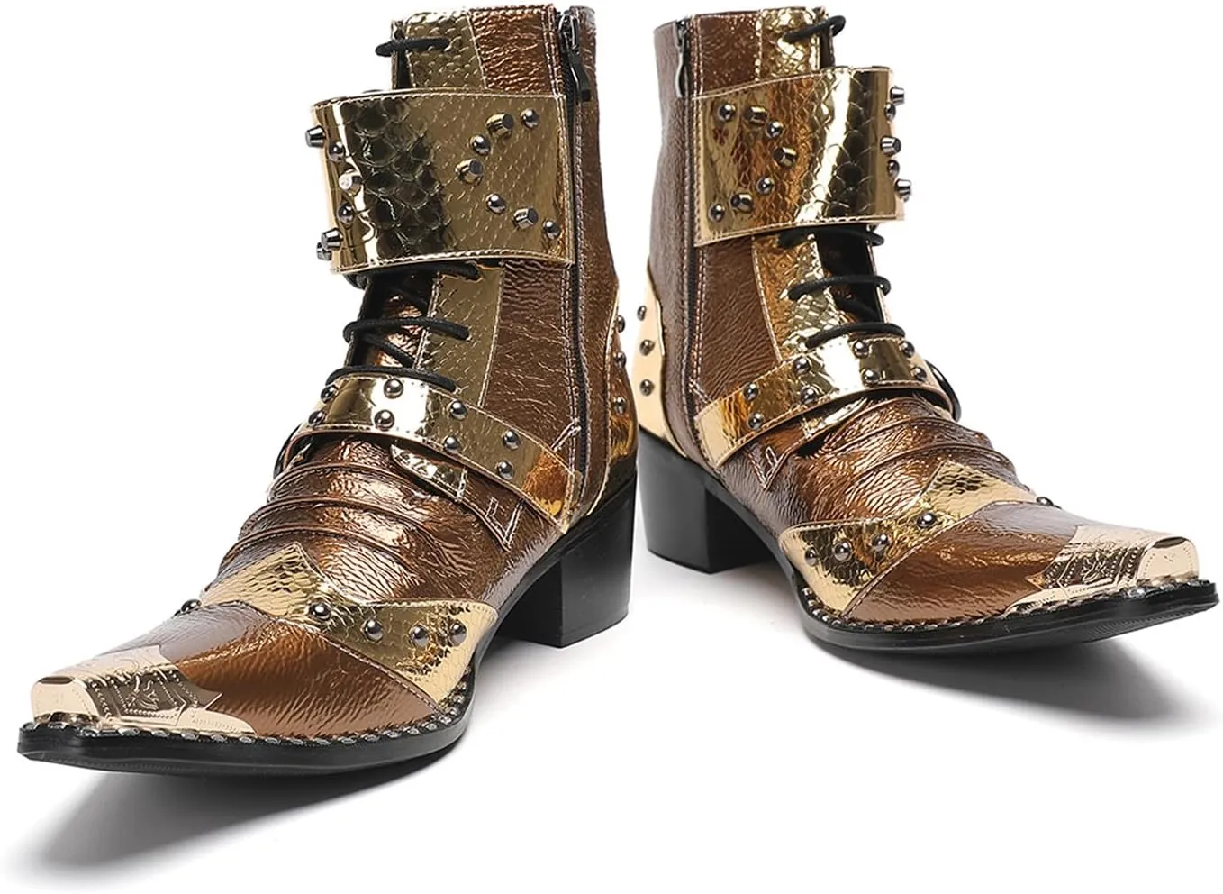 Santimon Men's Genuine Leather Cowboy Boots - Western Dress Boots with Metal Toe & Buckles | Mid-Calf Party, Rock & Motorcycle Boots