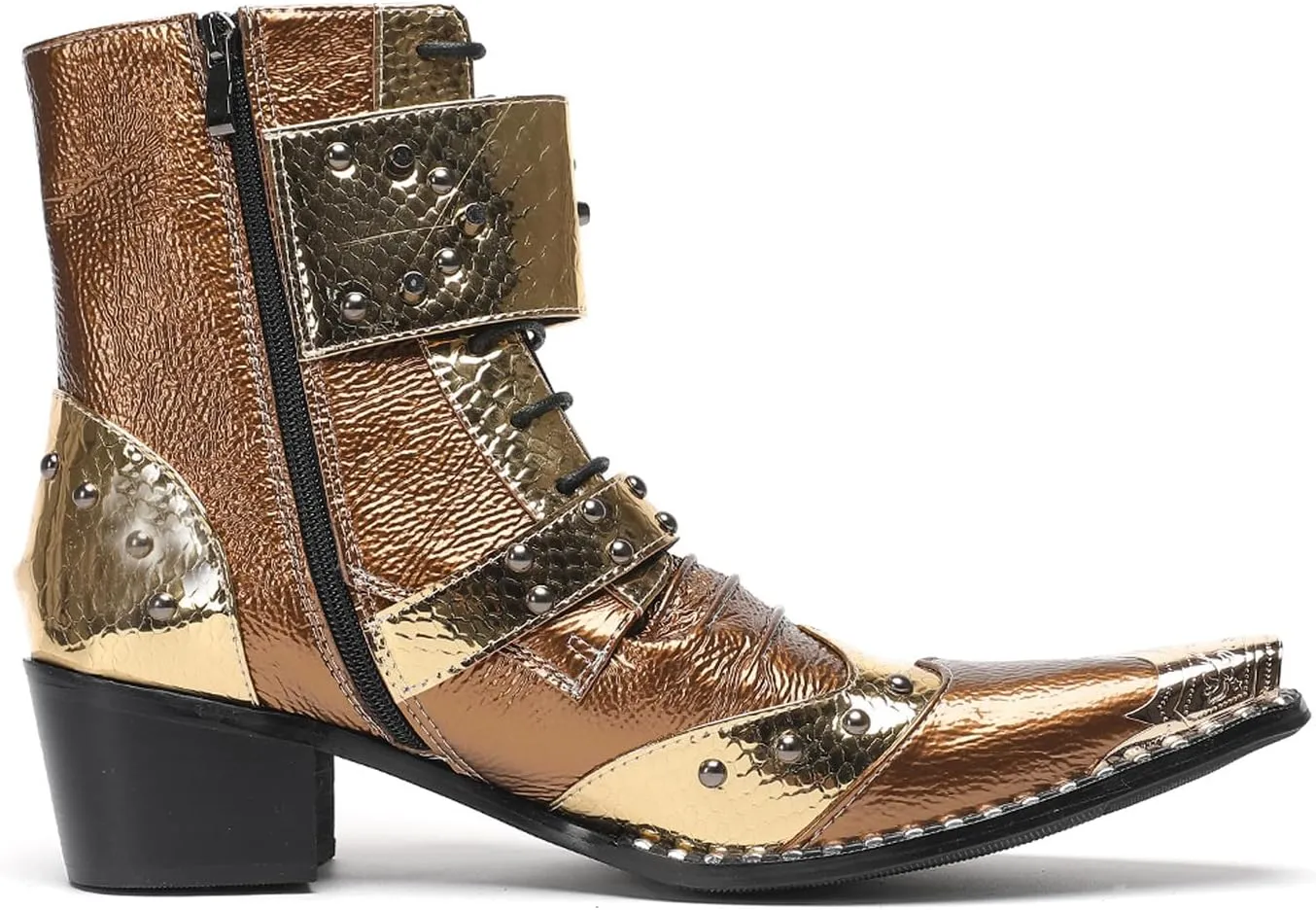 Santimon Men's Genuine Leather Cowboy Boots - Western Dress Boots with Metal Toe & Buckles | Mid-Calf Party, Rock & Motorcycle Boots