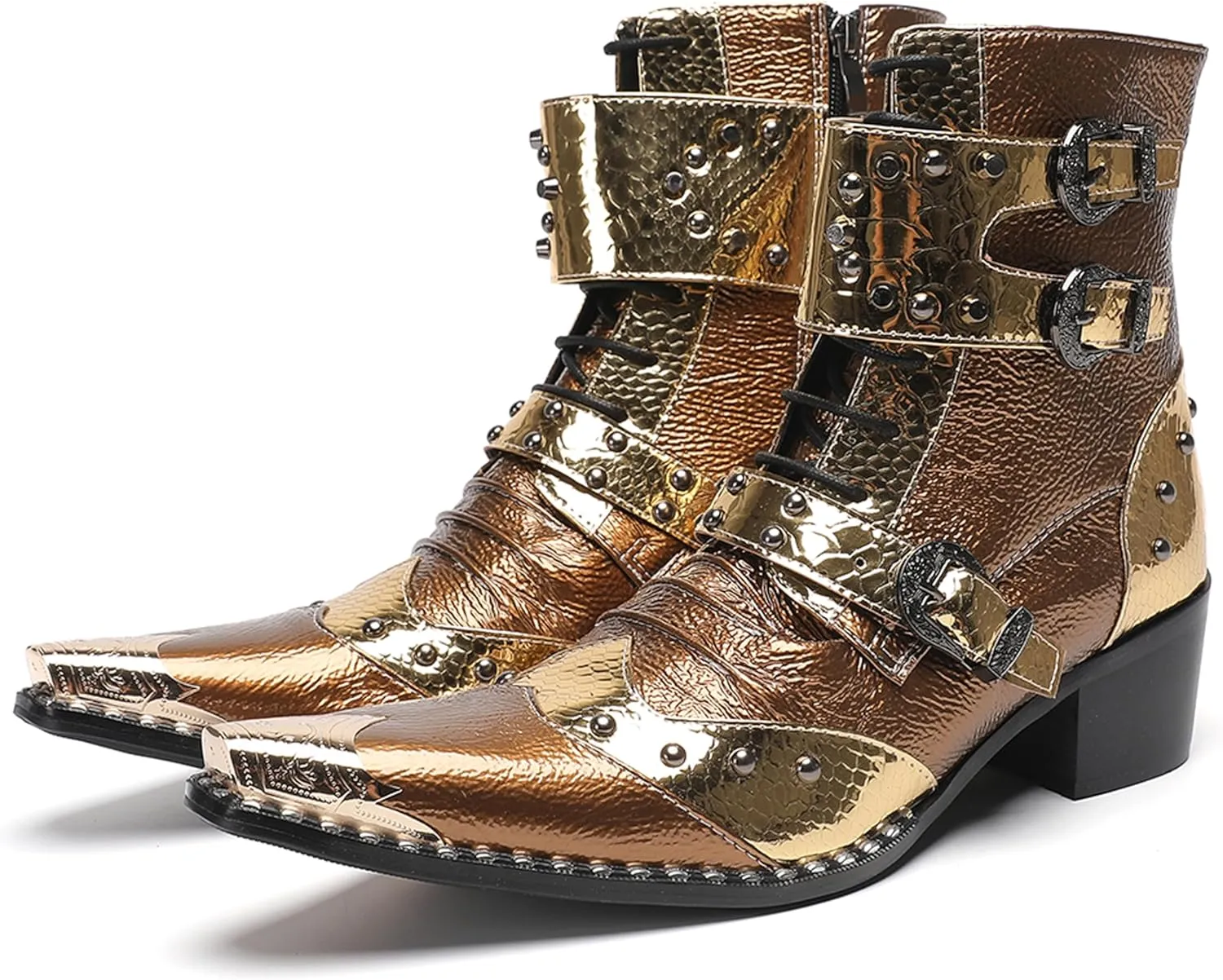 Santimon Men's Genuine Leather Cowboy Boots - Western Dress Boots with Metal Toe & Buckles | Mid-Calf Party, Rock & Motorcycle Boots