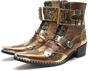 Santimon Men's Genuine Leather Cowboy Boots - Western Dress Boots with Metal Toe & Buckles | Mid-Calf Party, Rock & Motorcycle Boots