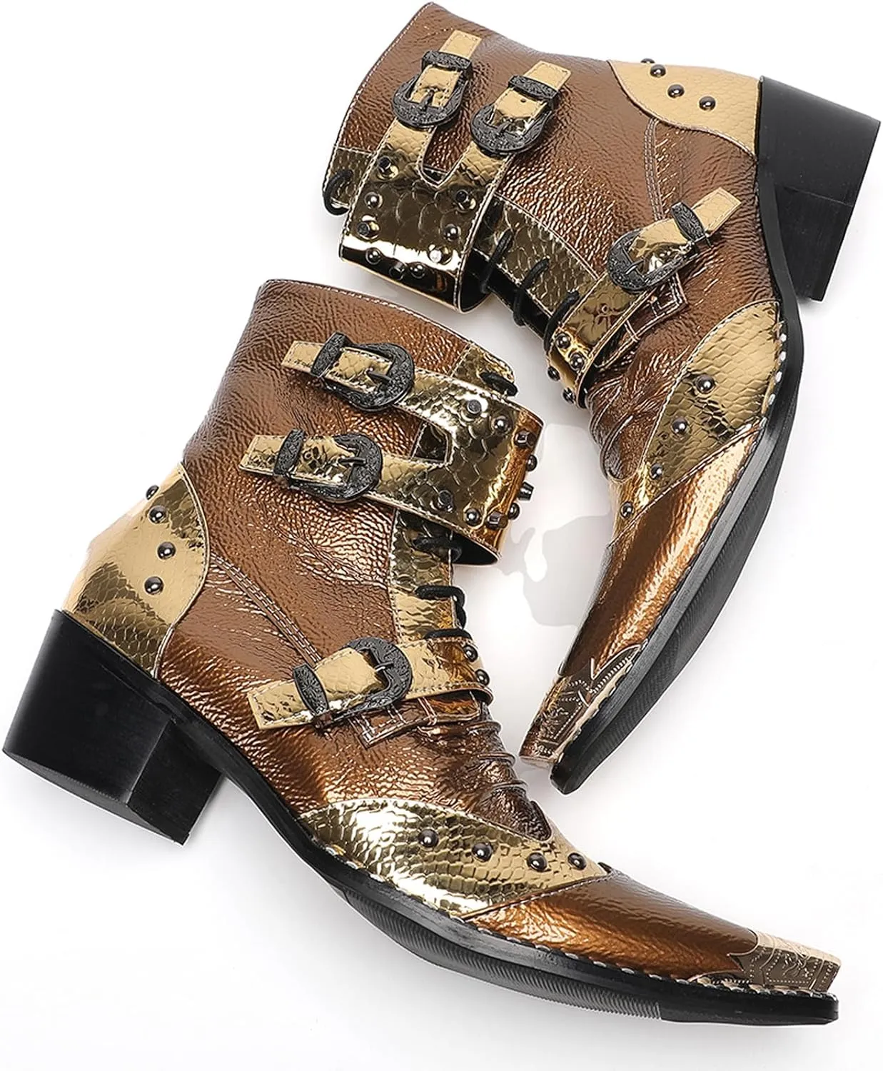 Santimon Men's Genuine Leather Cowboy Boots - Western Dress Boots with Metal Toe & Buckles | Mid-Calf Party, Rock & Motorcycle Boots