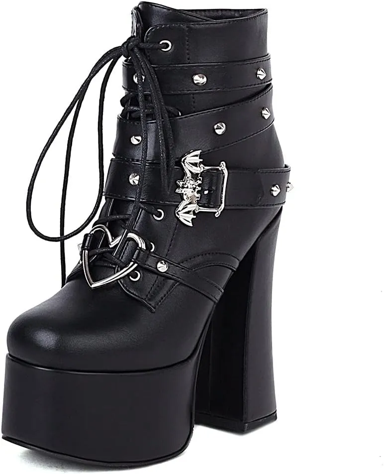 SaraIris Women's Platform Boots Chunky High Heel Lace-up Ankle Boots with Chain and Pearl Black Punk Goth Boots