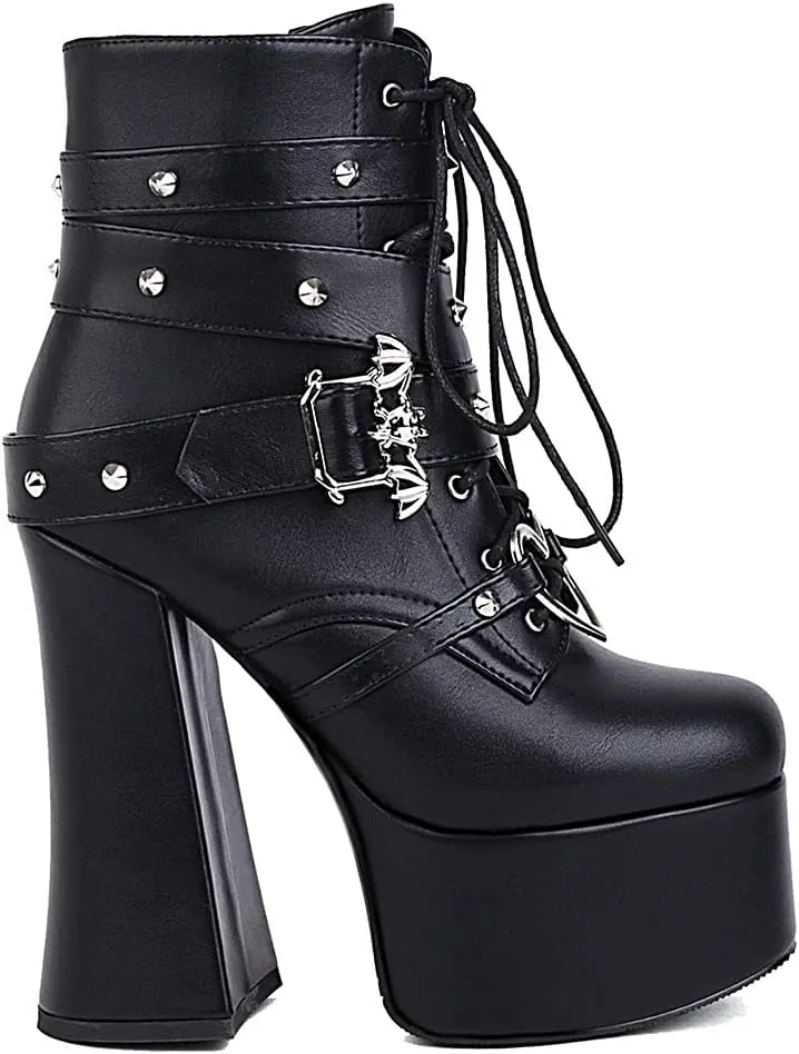 SaraIris Women's Platform Boots Chunky High Heel Lace-up Ankle Boots with Chain and Pearl Black Punk Goth Boots