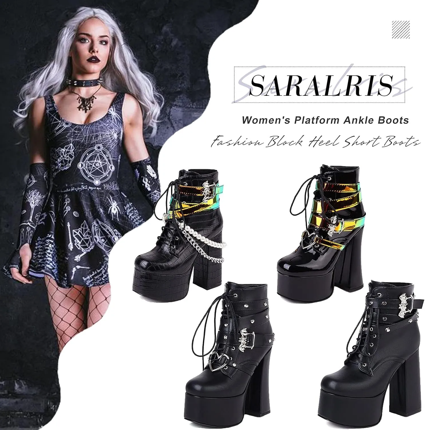 SaraIris Women's Platform Boots Chunky High Heel Lace-up Ankle Boots with Chain and Pearl Black Punk Goth Boots