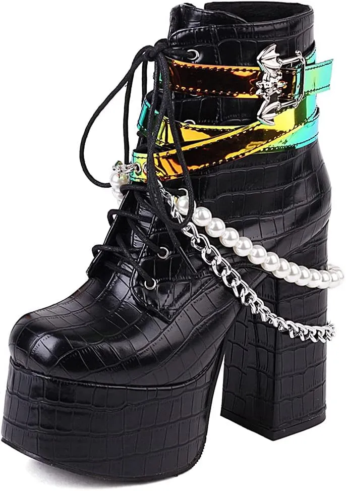 SaraIris Women's Platform Boots Chunky High Heel Lace-up Ankle Boots with Chain and Pearl Black Punk Goth Boots