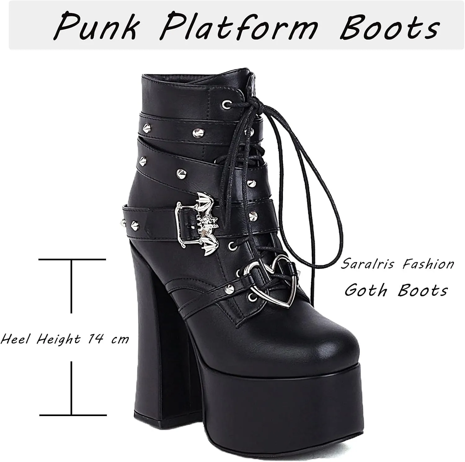 SaraIris Women's Platform Boots Chunky High Heel Lace-up Ankle Boots with Chain and Pearl Black Punk Goth Boots