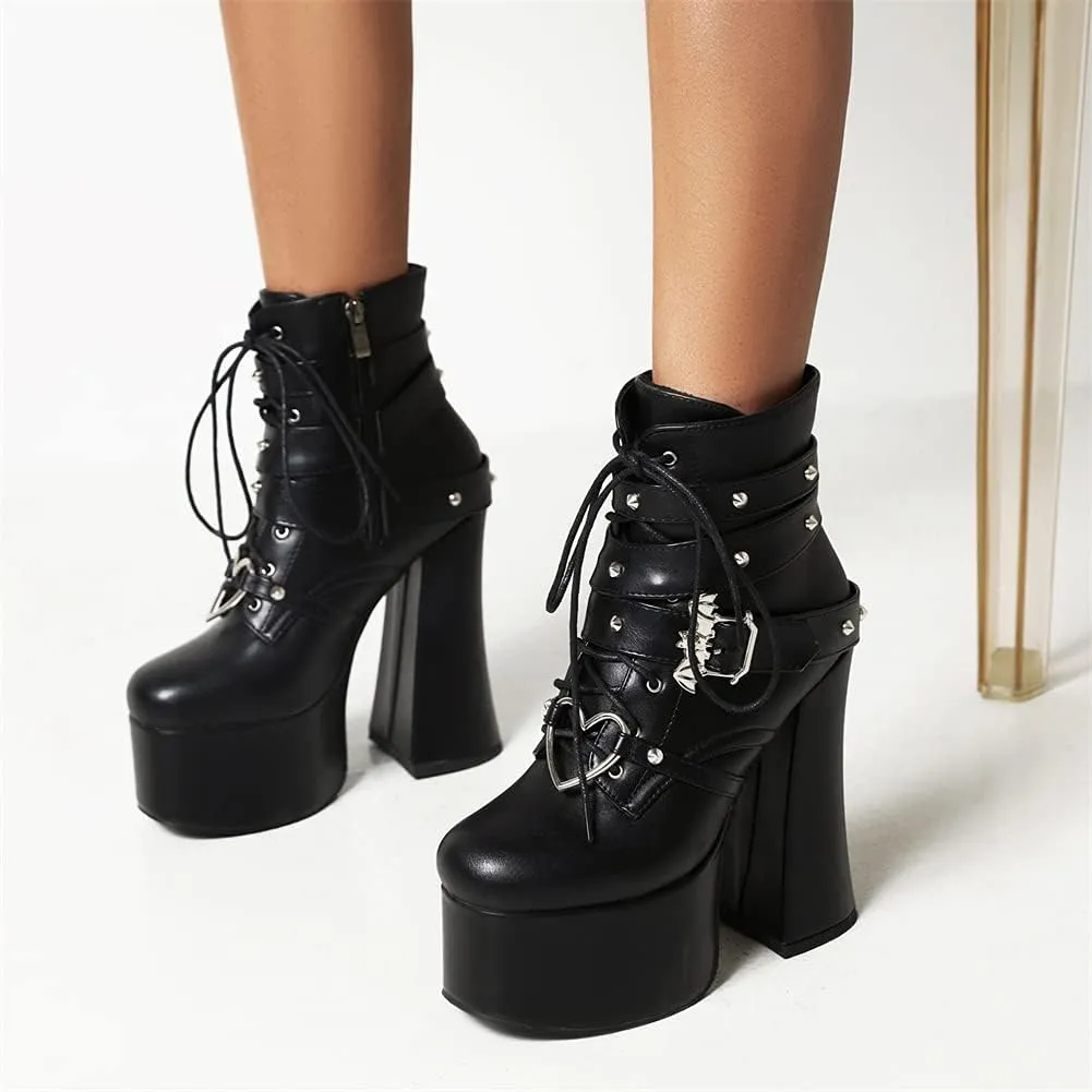 SaraIris Women's Platform Boots Chunky High Heel Lace-up Ankle Boots with Chain and Pearl Black Punk Goth Boots