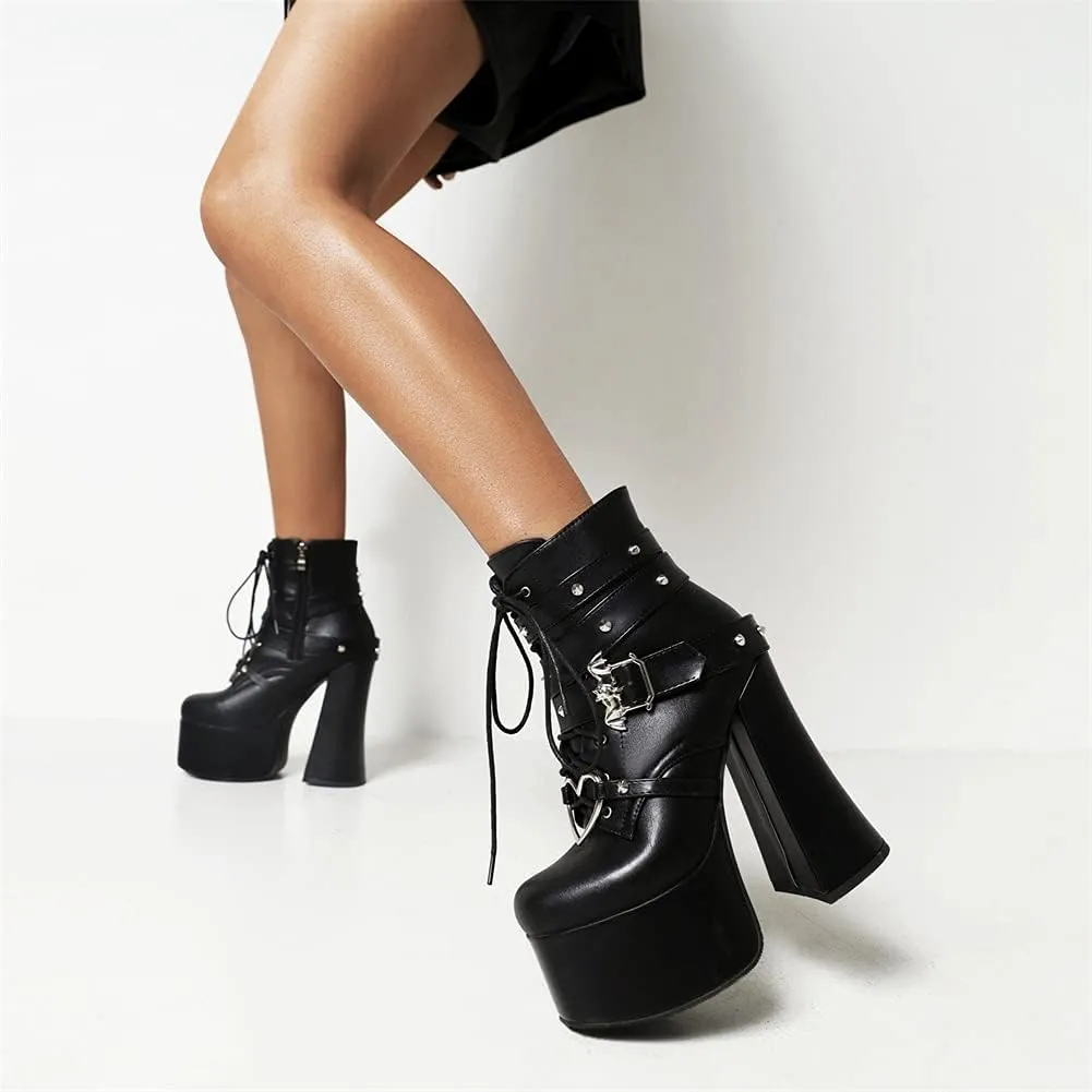 SaraIris Women's Platform Boots Chunky High Heel Lace-up Ankle Boots with Chain and Pearl Black Punk Goth Boots