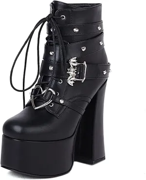 SaraIris Women's Platform Boots Chunky High Heel Lace-up Ankle Boots with Chain and Pearl Black Punk Goth Boots