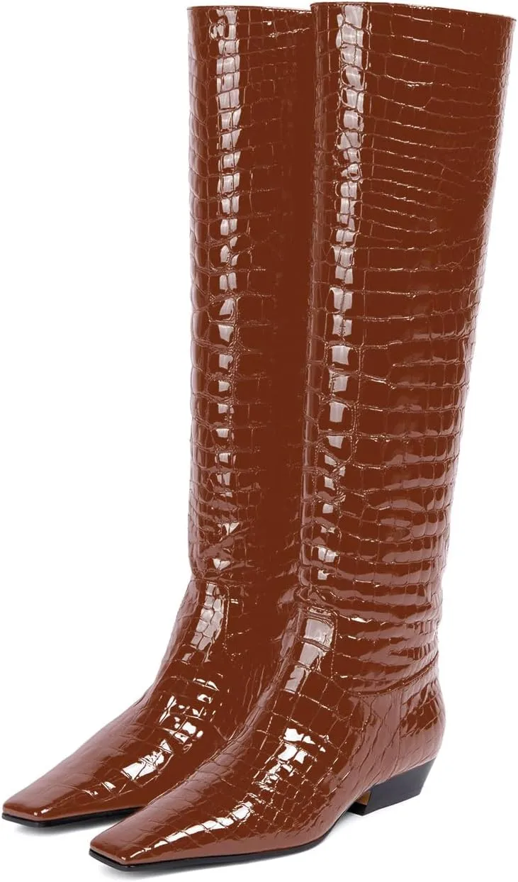 sarawill Women's Square Toe Low Chunky Heel Knee High Boots Wide Calf Fashion Crocodile Pull On Low Heel Fall Winter Dress Tall Boots for Women