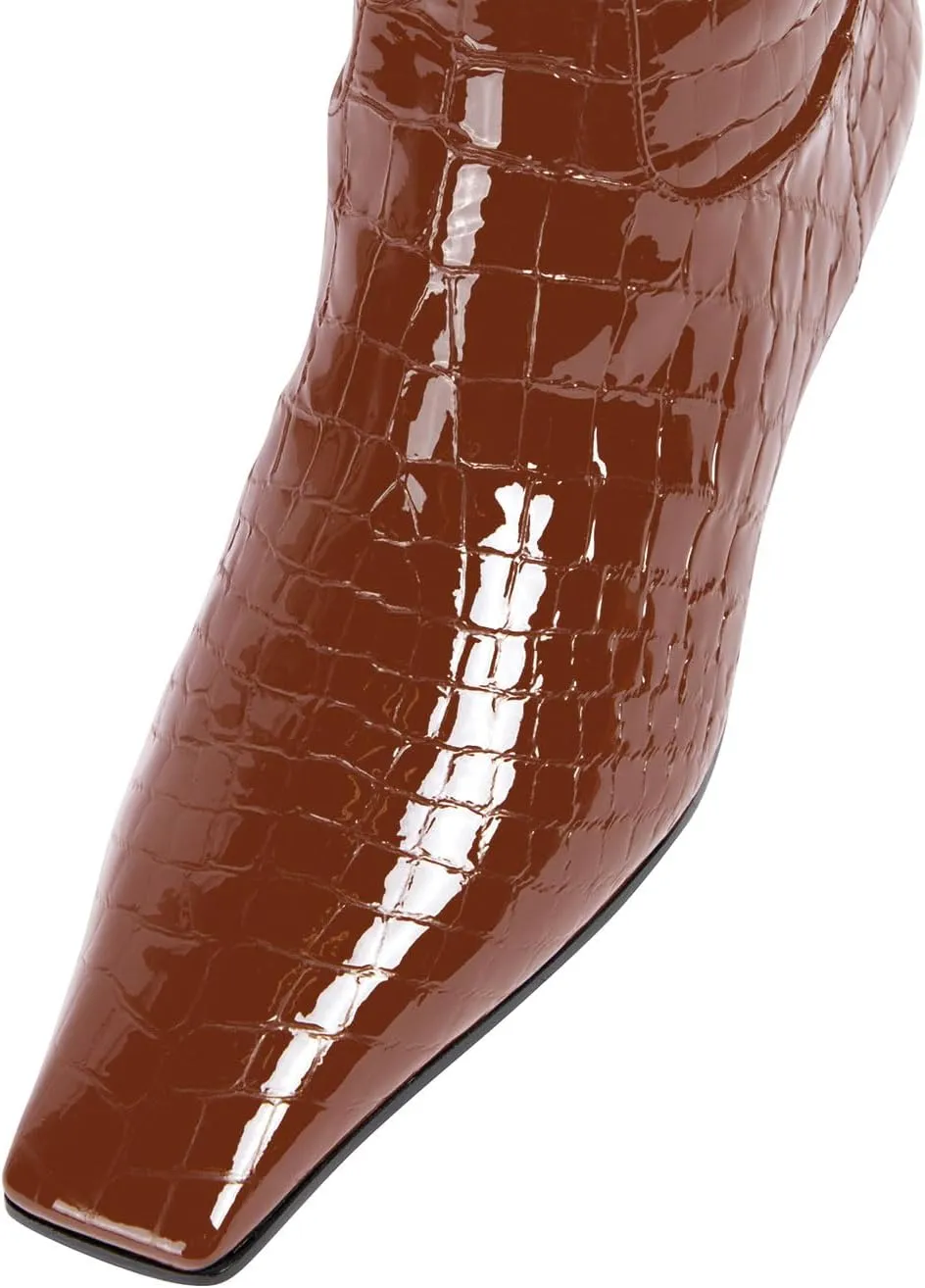 sarawill Women's Square Toe Low Chunky Heel Knee High Boots Wide Calf Fashion Crocodile Pull On Low Heel Fall Winter Dress Tall Boots for Women