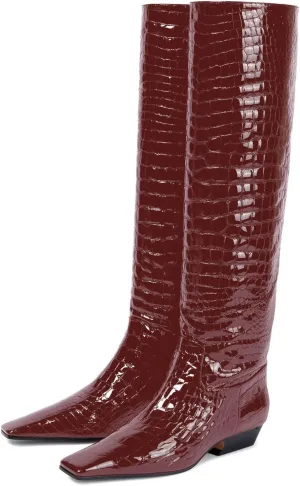 sarawill Women's Square Toe Low Chunky Heel Knee High Boots Wide Calf Fashion Crocodile Pull On Low Heel Fall Winter Dress Tall Boots for Women