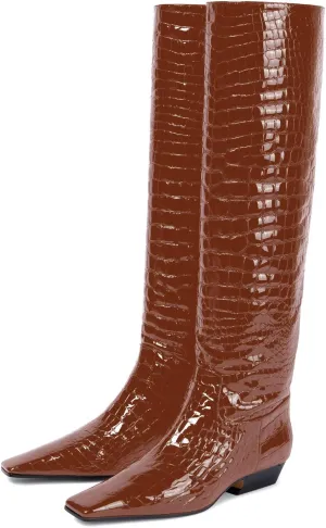 sarawill Women's Square Toe Low Chunky Heel Knee High Boots Wide Calf Fashion Crocodile Pull On Low Heel Fall Winter Dress Tall Boots for Women