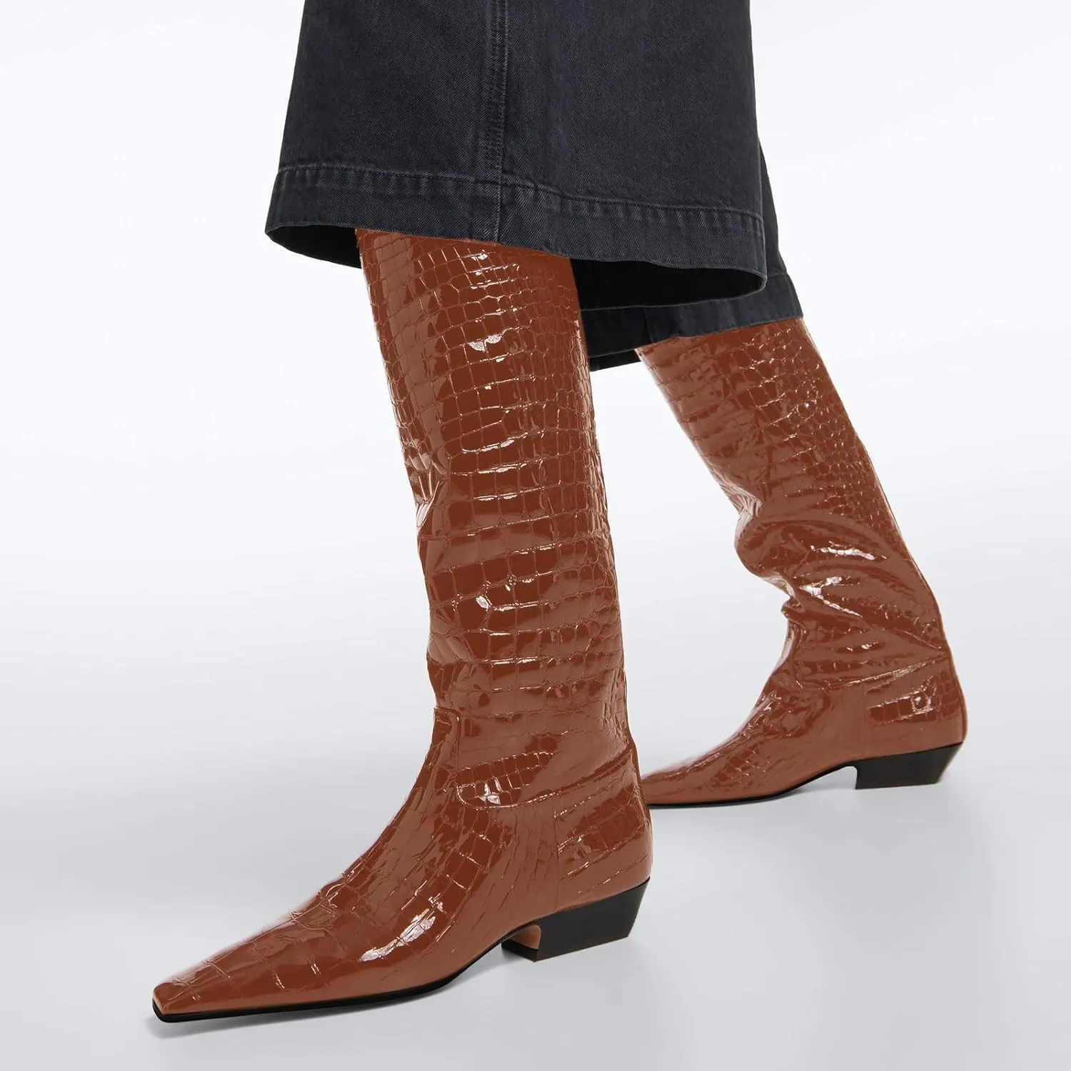 sarawill Women's Square Toe Low Chunky Heel Knee High Boots Wide Calf Fashion Crocodile Pull On Low Heel Fall Winter Dress Tall Boots for Women