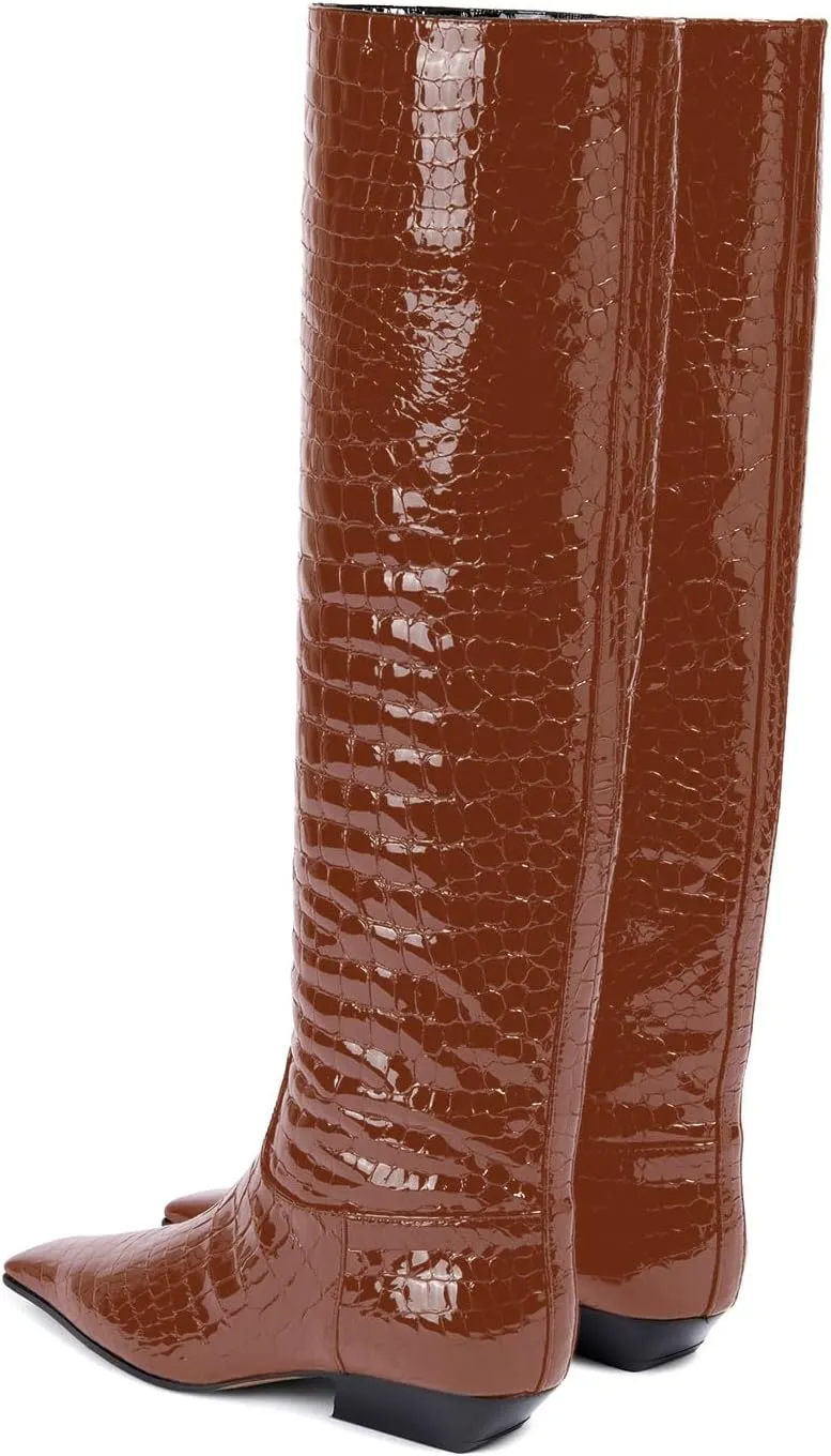 sarawill Women's Square Toe Low Chunky Heel Knee High Boots Wide Calf Fashion Crocodile Pull On Low Heel Fall Winter Dress Tall Boots for Women