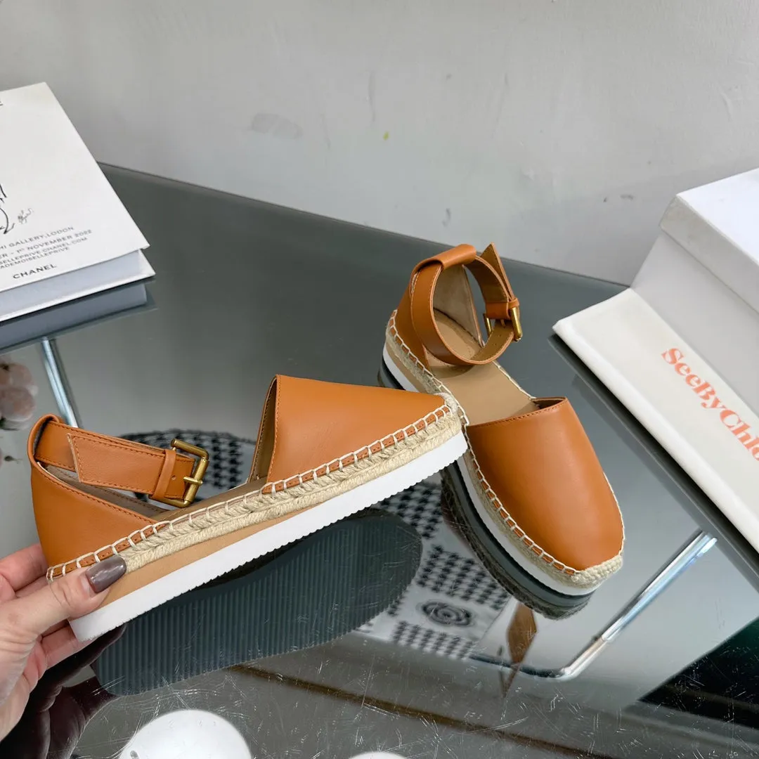 SEE BY CHLOÉ ESPADRILLES SANDAL IN COPPER BROWN CALFSKIN AND WOVEN RAFFIA