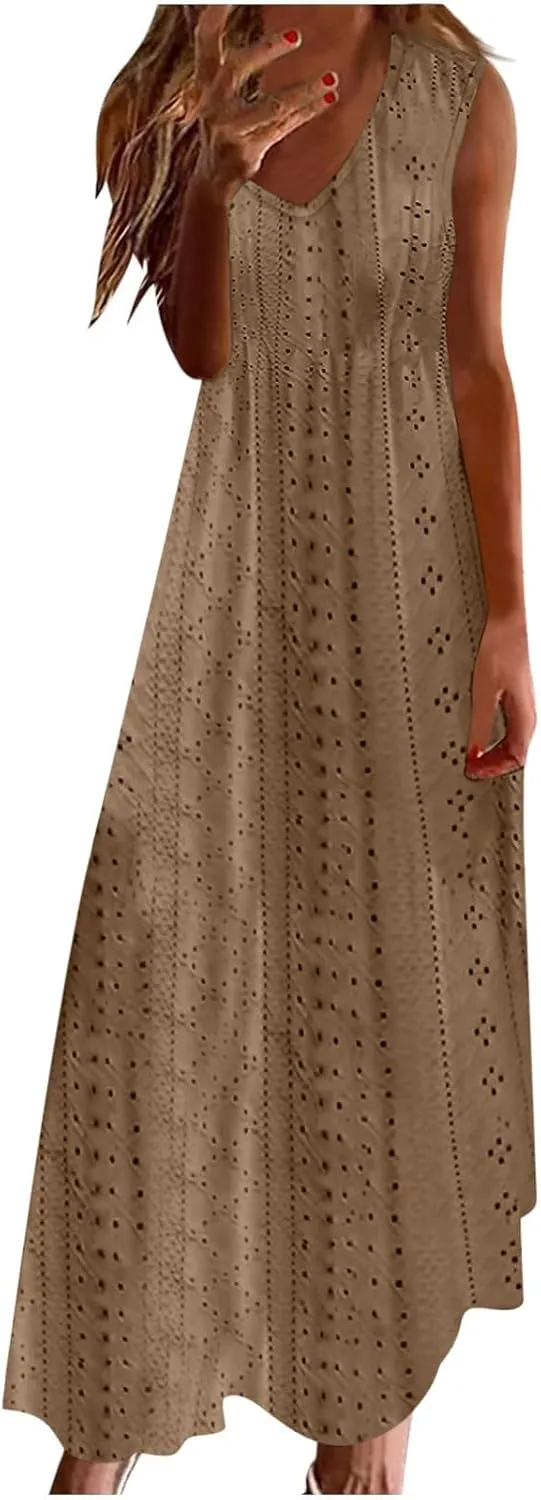 Sexy Elegant Lace Eyelet Maxi Dresses for Women 2024 Fashion Sleeveless Flowy Summer Dress Beach Vacation Sundresses
