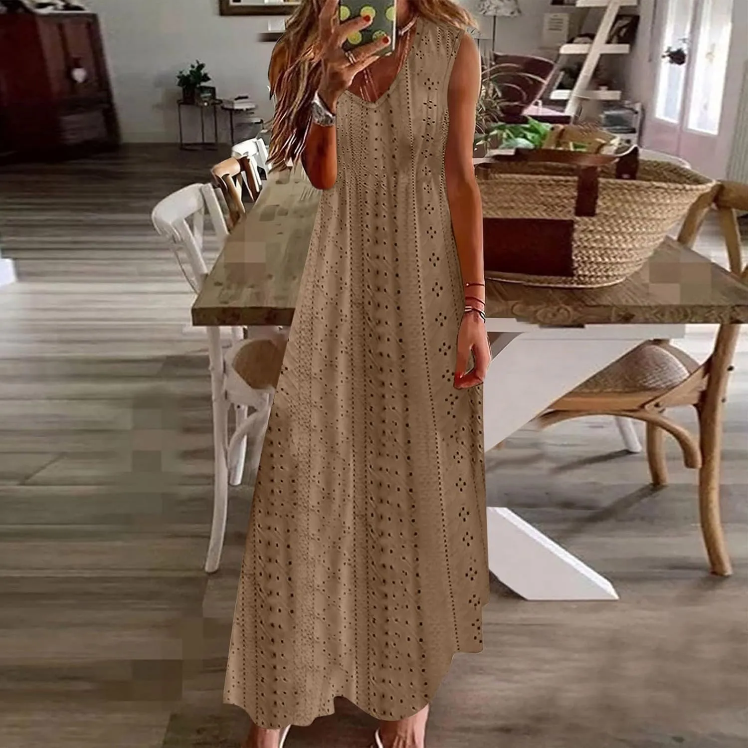 Sexy Elegant Lace Eyelet Maxi Dresses for Women 2024 Fashion Sleeveless Flowy Summer Dress Beach Vacation Sundresses