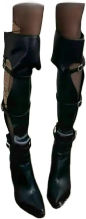 Sexy Knee High Emo Boots for Women Black Kitten Heels Emo Shoes Foldover Cut Out Design Goth Tall Boots Pointed Toes Cute Y2K Retro Punk Buckles Adjustable Straps Trendy All-match Hot Girls Streetwear