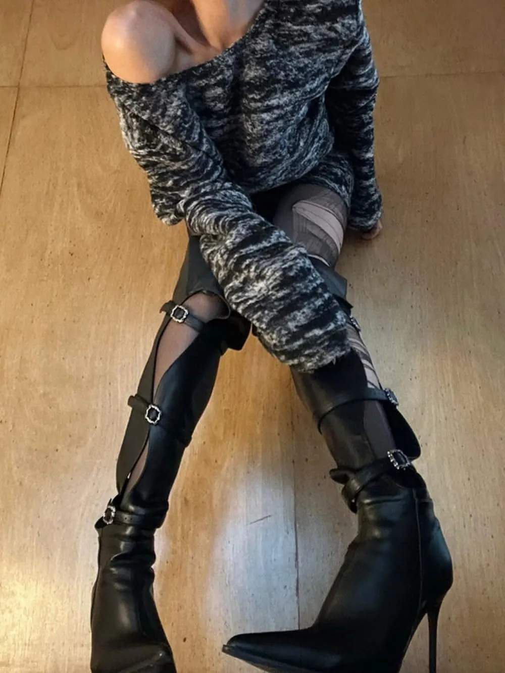 Sexy Knee High Emo Boots for Women Black Kitten Heels Emo Shoes Foldover Cut Out Design Goth Tall Boots Pointed Toes Cute Y2K Retro Punk Buckles Adjustable Straps Trendy All-match Hot Girls Streetwear