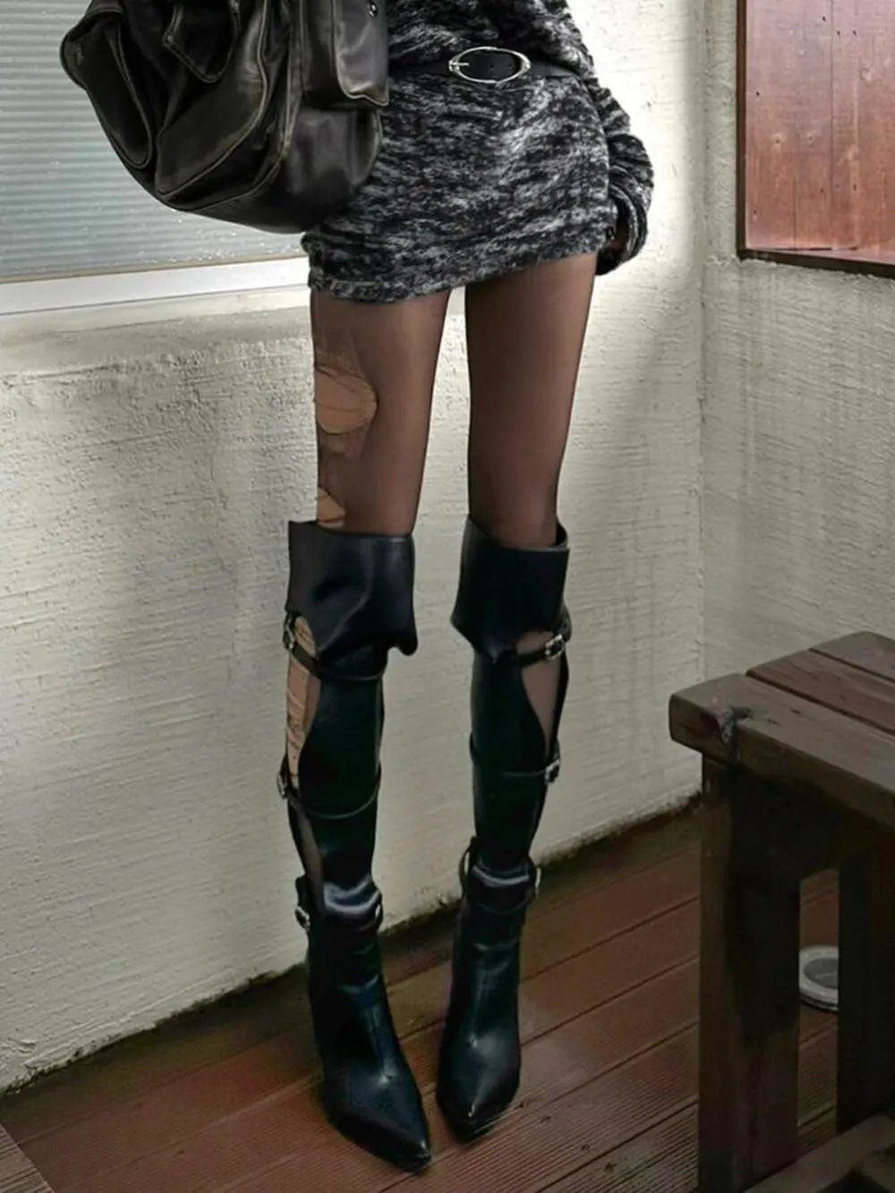 Sexy Knee High Emo Boots for Women Black Kitten Heels Emo Shoes Foldover Cut Out Design Goth Tall Boots Pointed Toes Cute Y2K Retro Punk Buckles Adjustable Straps Trendy All-match Hot Girls Streetwear