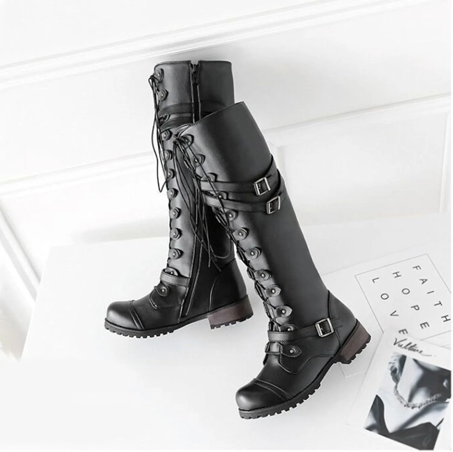 SHEMEE Women's Flat Combat Boot Buckle Riding Knee High Boots Lace Up Chunky Low Heels Gothic Motorcycle Boots with Inside Zipper