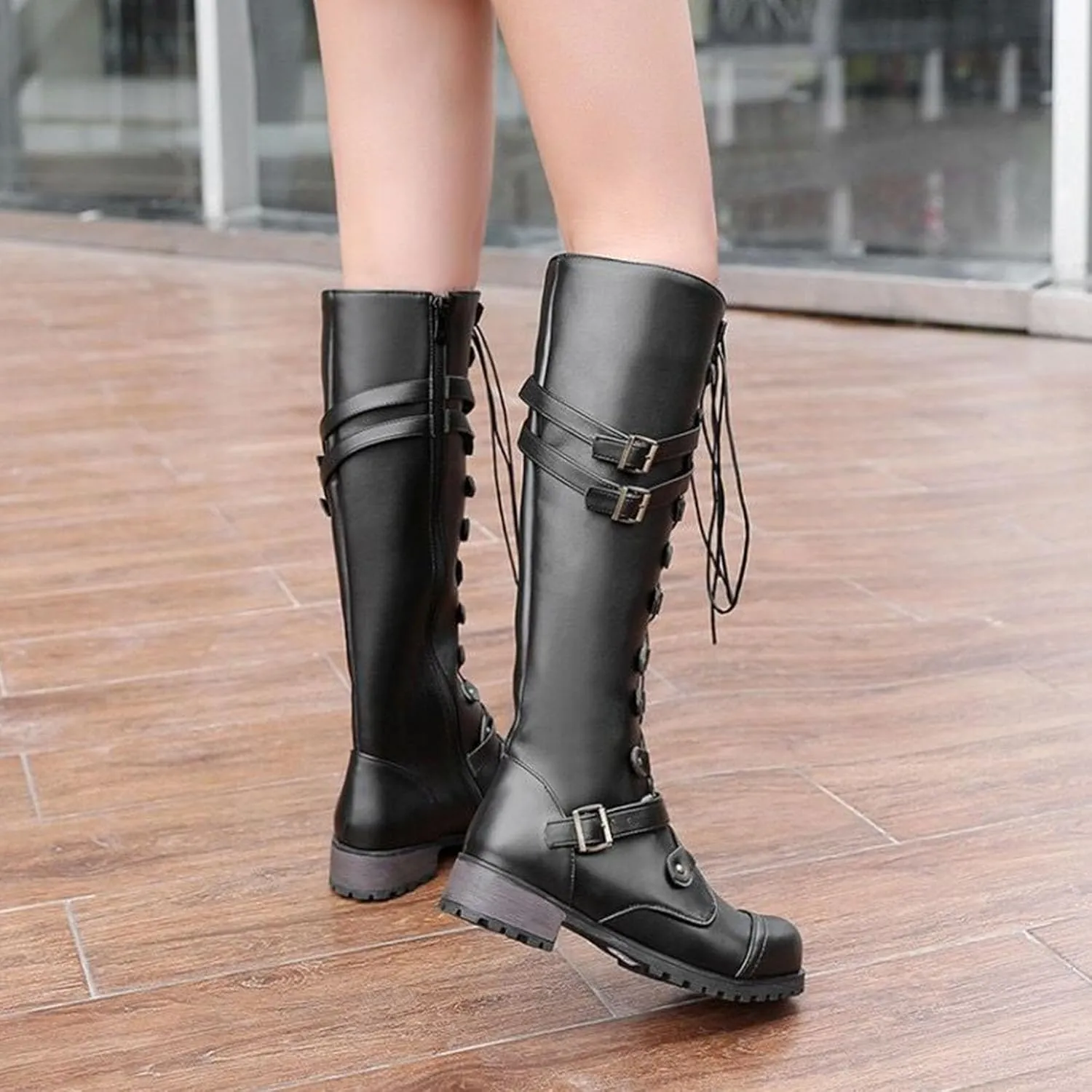 SHEMEE Women's Flat Combat Boot Buckle Riding Knee High Boots Lace Up Chunky Low Heels Gothic Motorcycle Boots with Inside Zipper