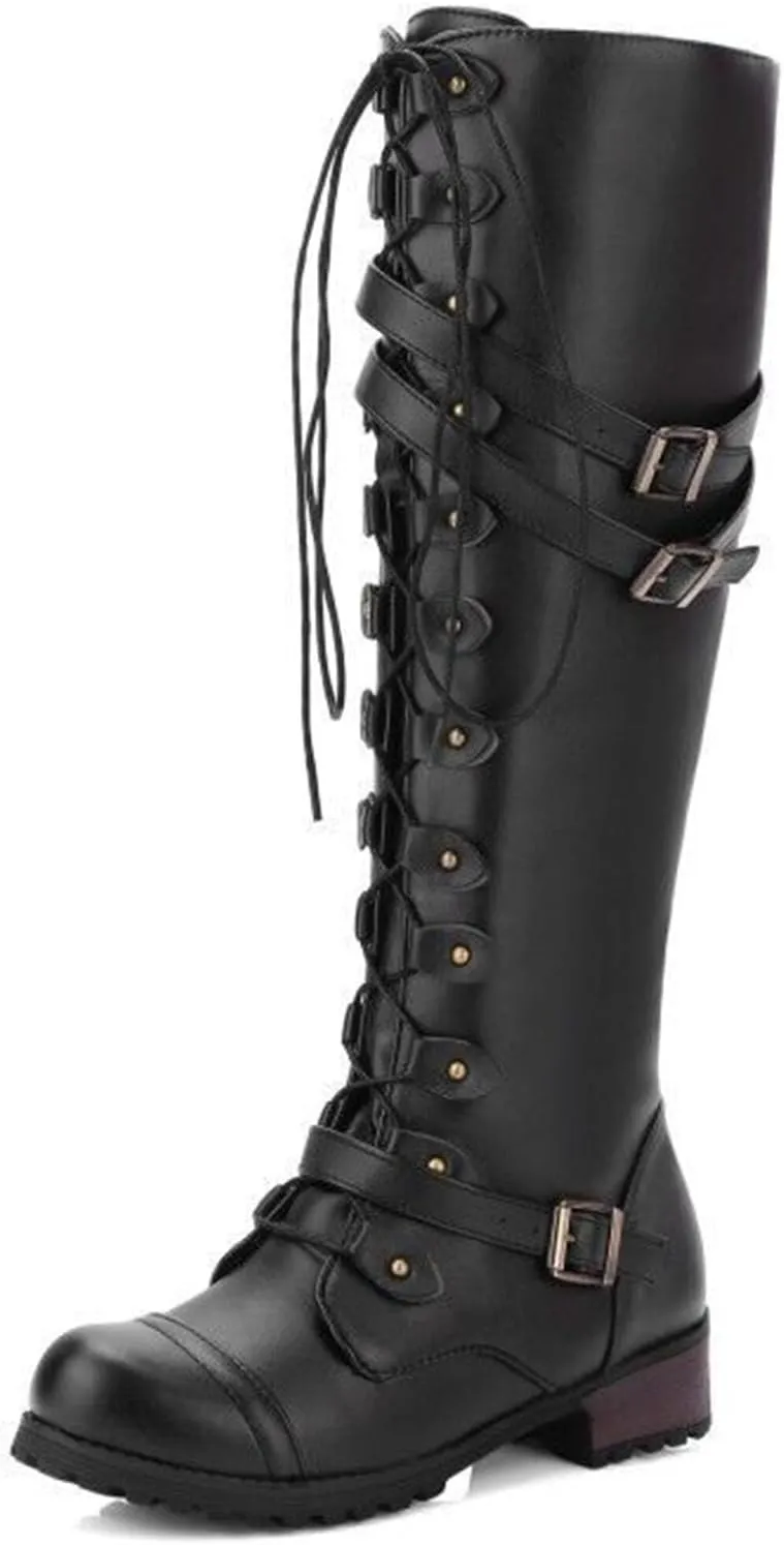 SHEMEE Women's Flat Combat Boot Buckle Riding Knee High Boots Lace Up Chunky Low Heels Gothic Motorcycle Boots with Inside Zipper
