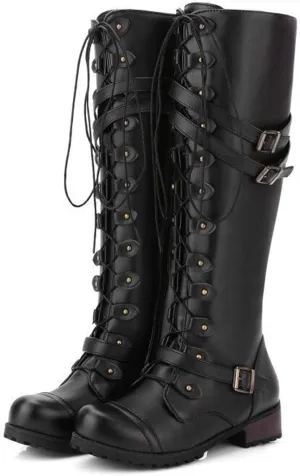 SHEMEE Women's Flat Combat Boot Buckle Riding Knee High Boots Lace Up Chunky Low Heels Gothic Motorcycle Boots with Inside Zipper