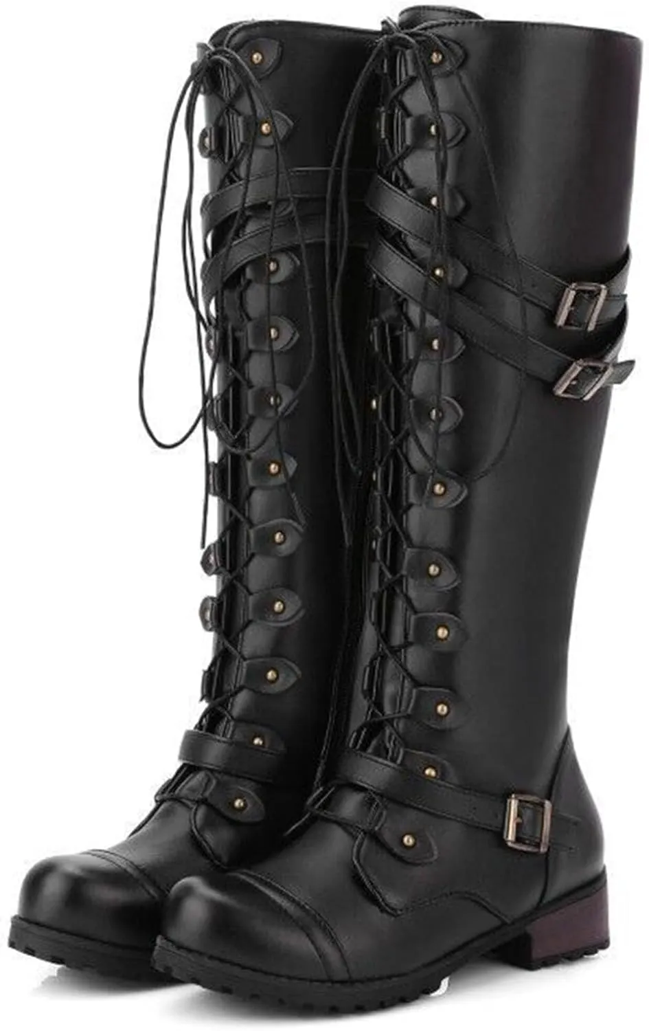 SHEMEE Women's Flat Combat Boot Buckle Riding Knee High Boots Lace Up Chunky Low Heels Gothic Motorcycle Boots with Inside Zipper