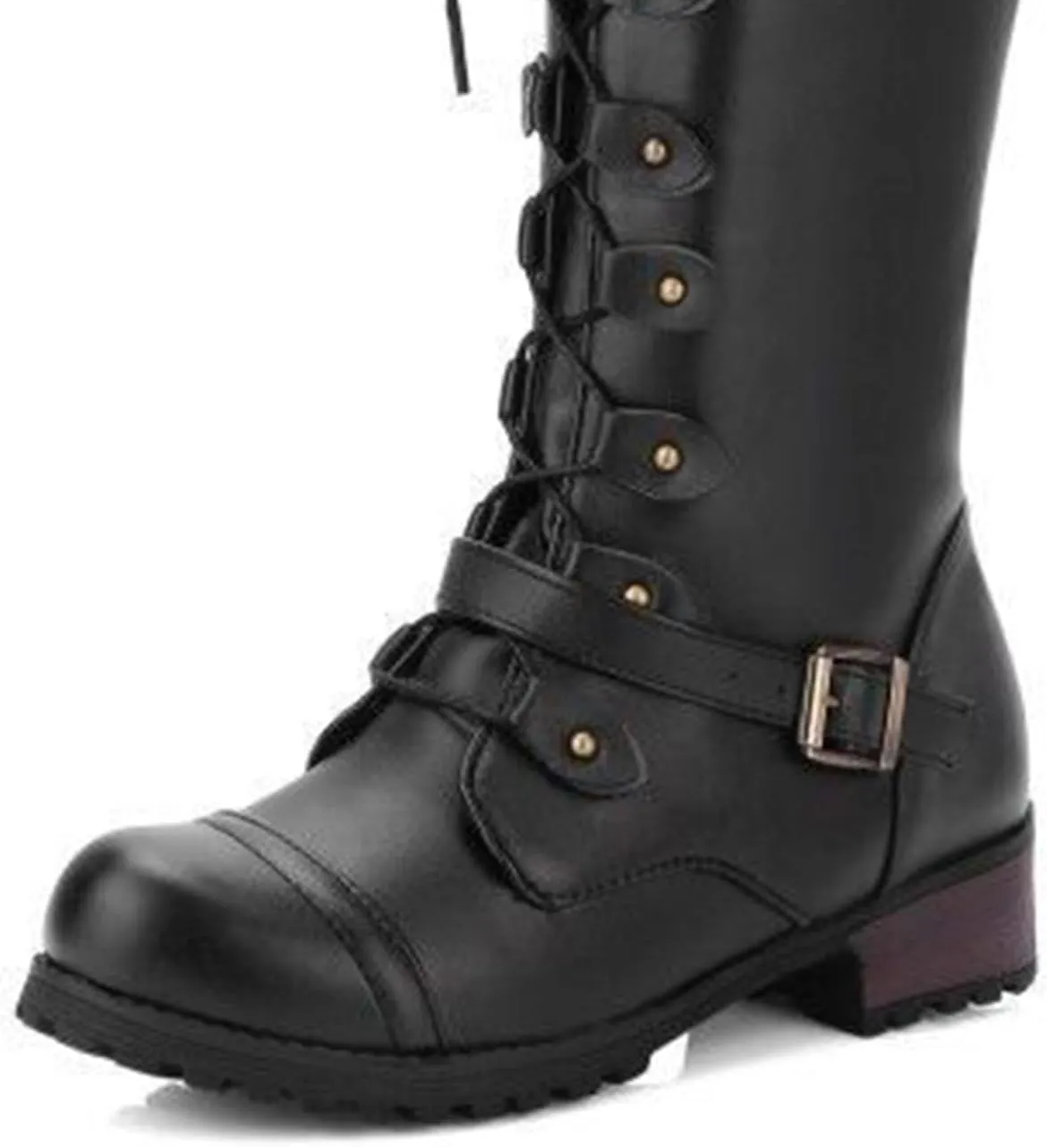 SHEMEE Women's Flat Combat Boot Buckle Riding Knee High Boots Lace Up Chunky Low Heels Gothic Motorcycle Boots with Inside Zipper