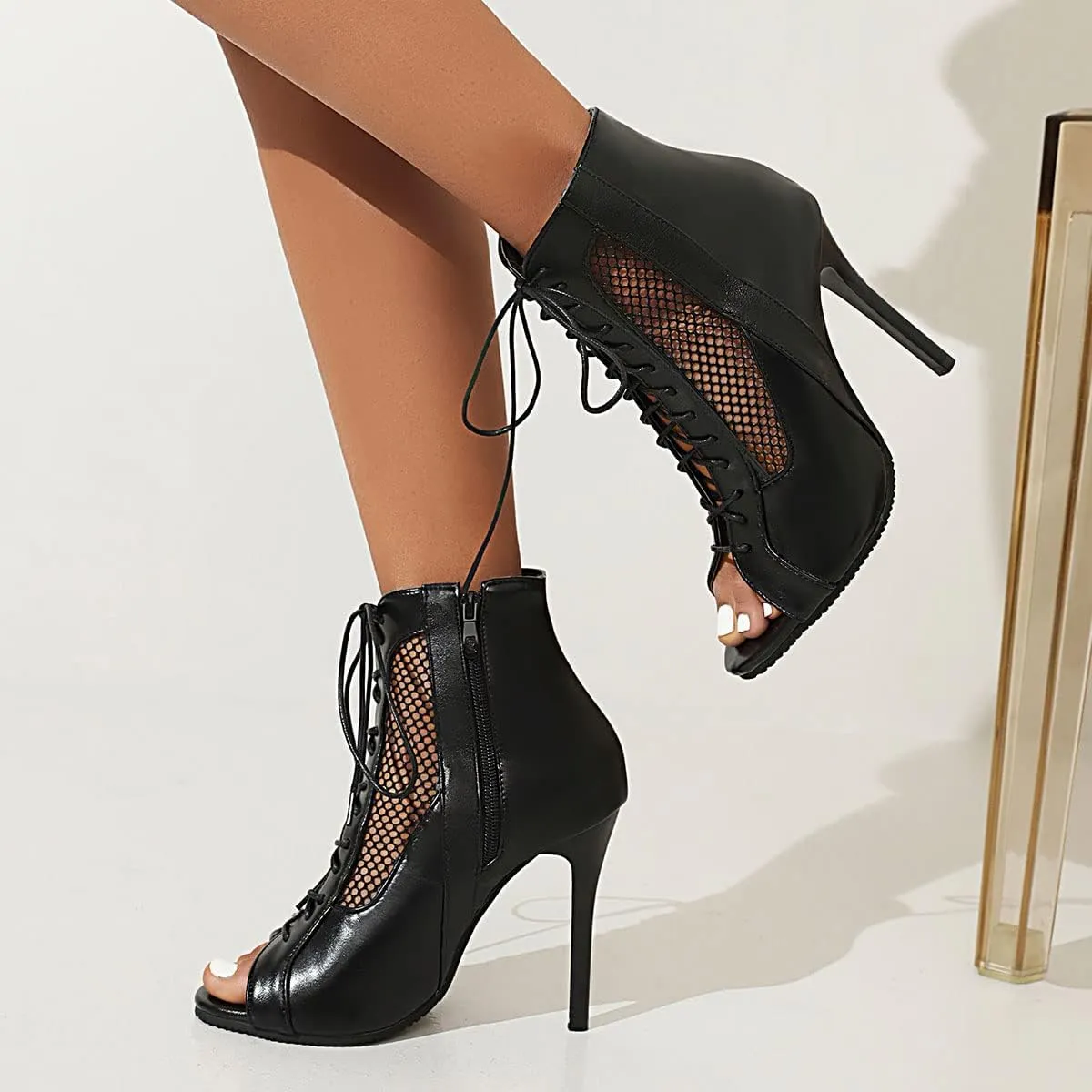 SHEMEE Women's Peep Toe Mesh Cutout Sandals Booties Stiletto High Heels Ankle Boots Gladiator Lace Up Summer Shoes with Side Zip