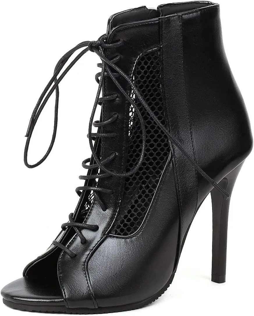 SHEMEE Women's Peep Toe Mesh Cutout Sandals Booties Stiletto High Heels Ankle Boots Gladiator Lace Up Summer Shoes with Side Zip