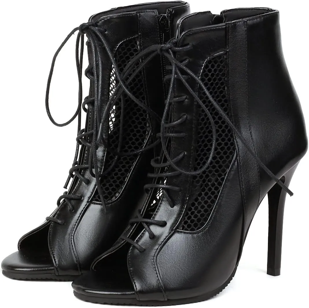 SHEMEE Women's Peep Toe Mesh Cutout Sandals Booties Stiletto High Heels Ankle Boots Gladiator Lace Up Summer Shoes with Side Zip