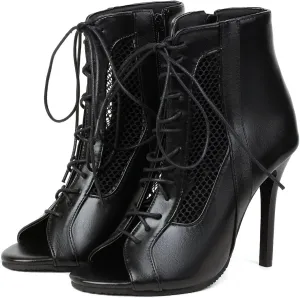 SHEMEE Women's Peep Toe Mesh Cutout Sandals Booties Stiletto High Heels Ankle Boots Gladiator Lace Up Summer Shoes with Side Zip