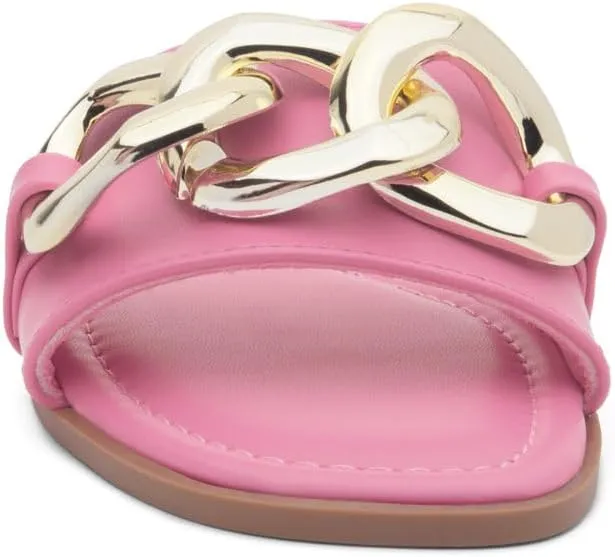 Shoe Land Women's Flat Sandals - Square Open Toe Single Band Fashion Slides with Metal Chain Dressy 2025 Trendy | Comfortable Slippers with Cushioned Footbed for Summer