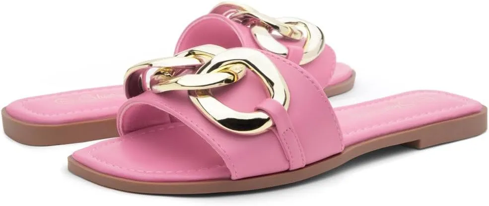 Shoe Land Women's Flat Sandals - Square Open Toe Single Band Fashion Slides with Metal Chain Dressy 2025 Trendy | Comfortable Slippers with Cushioned Footbed for Summer