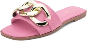 Shoe Land Women's Flat Sandals - Square Open Toe Single Band Fashion Slides with Metal Chain Dressy 2025 Trendy | Comfortable Slippers with Cushioned Footbed for Summer