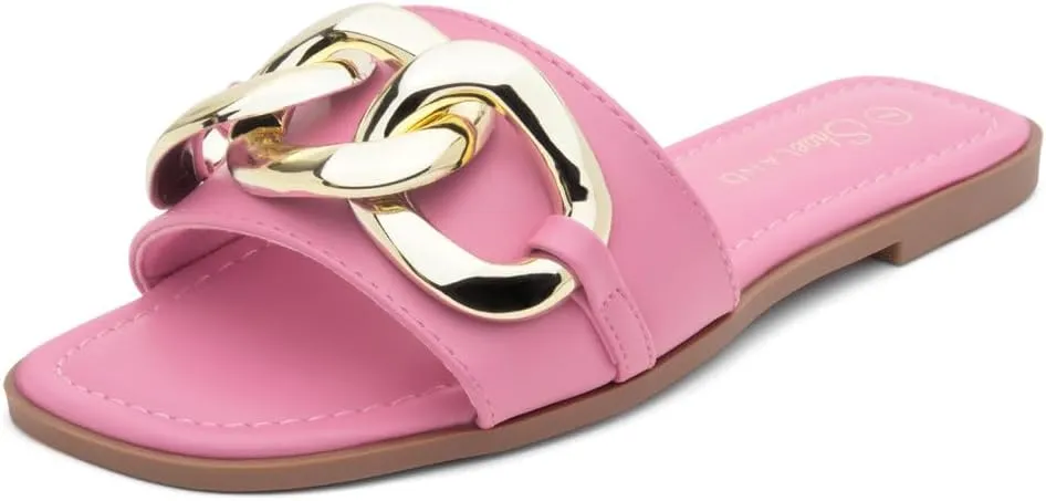 Shoe Land Women's Flat Sandals - Square Open Toe Single Band Fashion Slides with Metal Chain Dressy 2025 Trendy | Comfortable Slippers with Cushioned Footbed for Summer