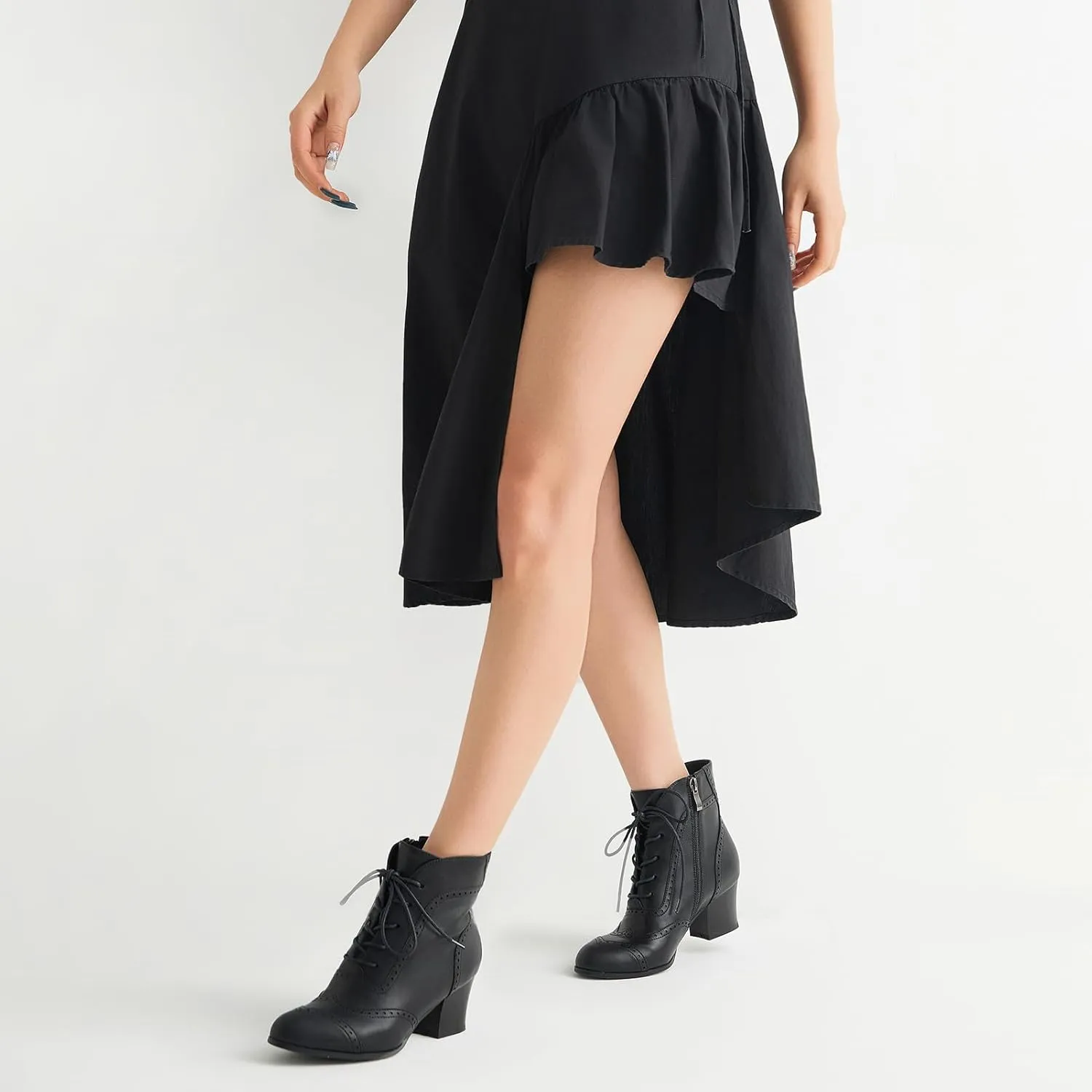 Short Ankle Boots Lace Up Booties for Women Side Zipper Victorian Boots Block Chunky Mid Heel