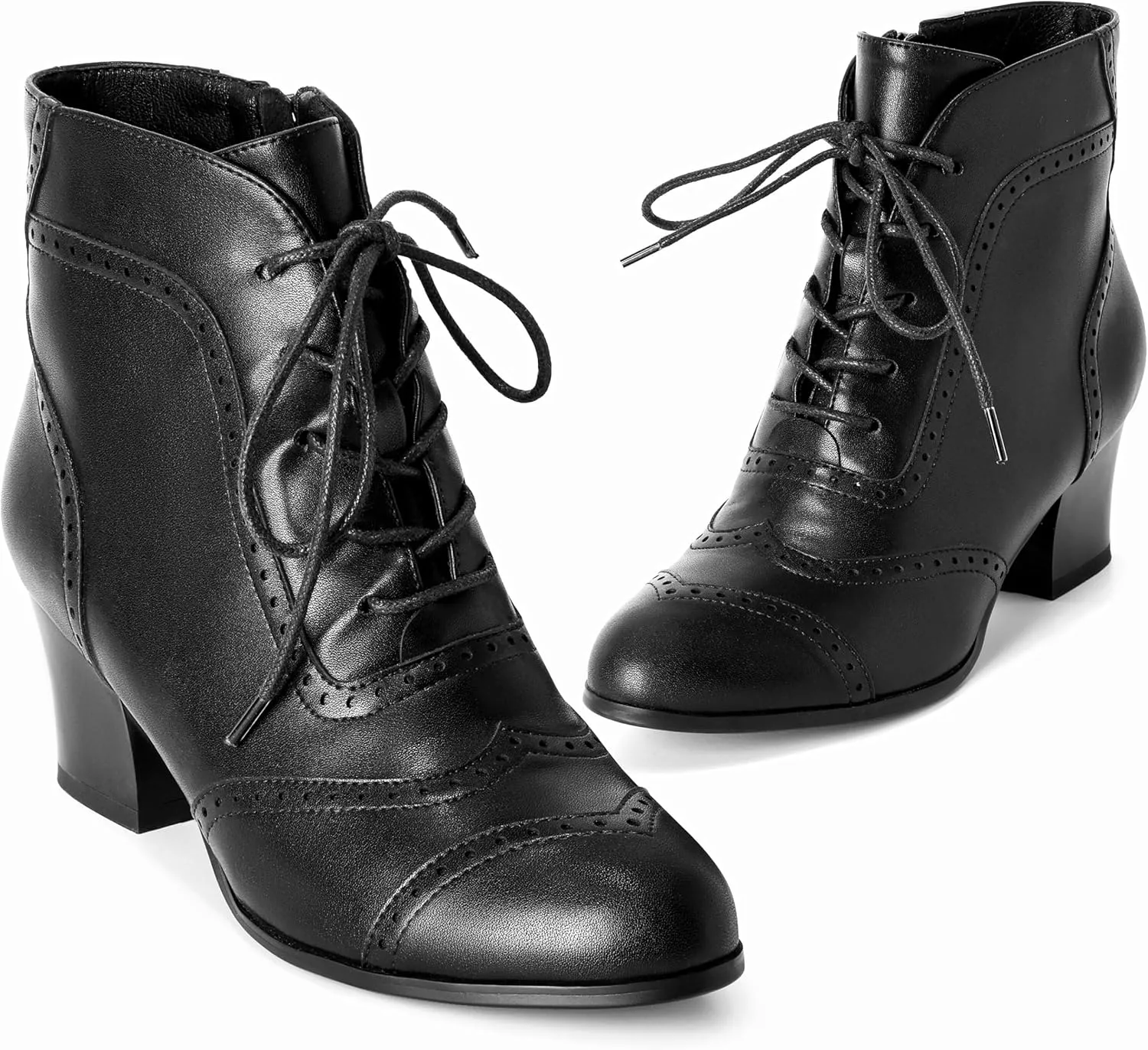 Short Ankle Boots Lace Up Booties for Women Side Zipper Victorian Boots Block Chunky Mid Heel