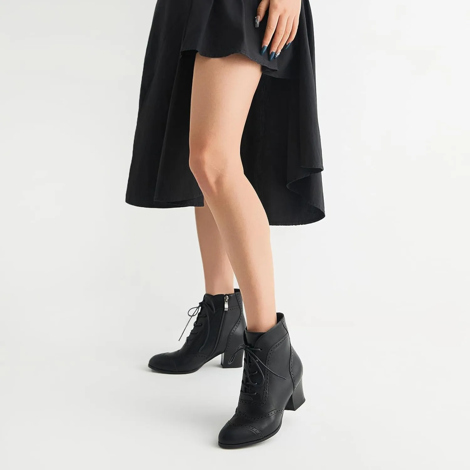 Short Ankle Boots Lace Up Booties for Women Side Zipper Victorian Boots Block Chunky Mid Heel