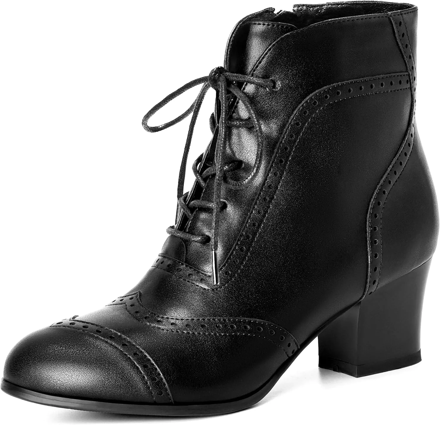 Short Ankle Boots Lace Up Booties for Women Side Zipper Victorian Boots Block Chunky Mid Heel