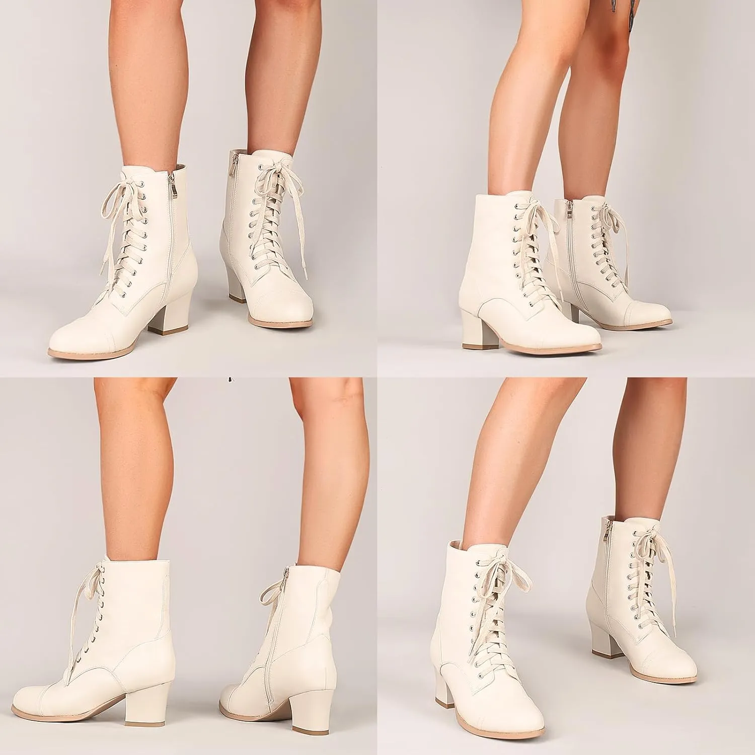 Short Ankle Boots Lace Up for Women Side Zipper Victorian Booties Block Chunky Mid Heel