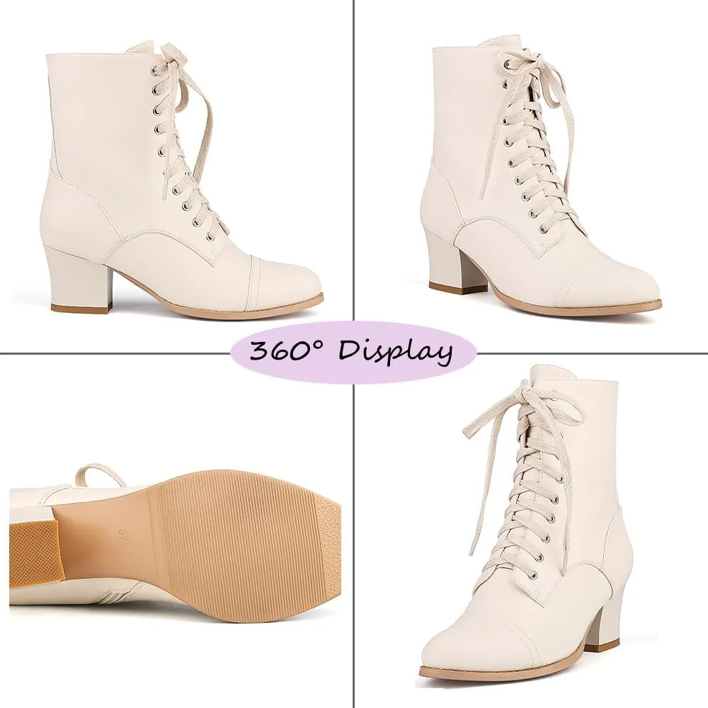 Short Ankle Boots Lace Up for Women Side Zipper Victorian Booties Block Chunky Mid Heel