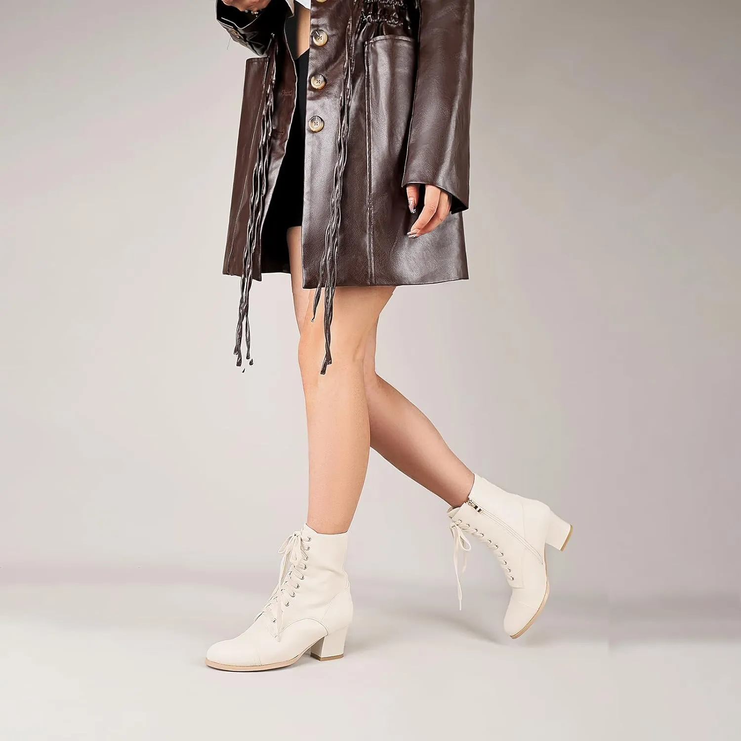 Short Ankle Boots Lace Up for Women Side Zipper Victorian Booties Block Chunky Mid Heel