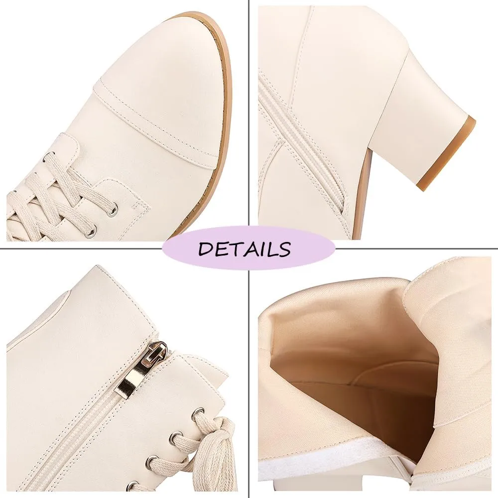 Short Ankle Boots Lace Up for Women Side Zipper Victorian Booties Block Chunky Mid Heel