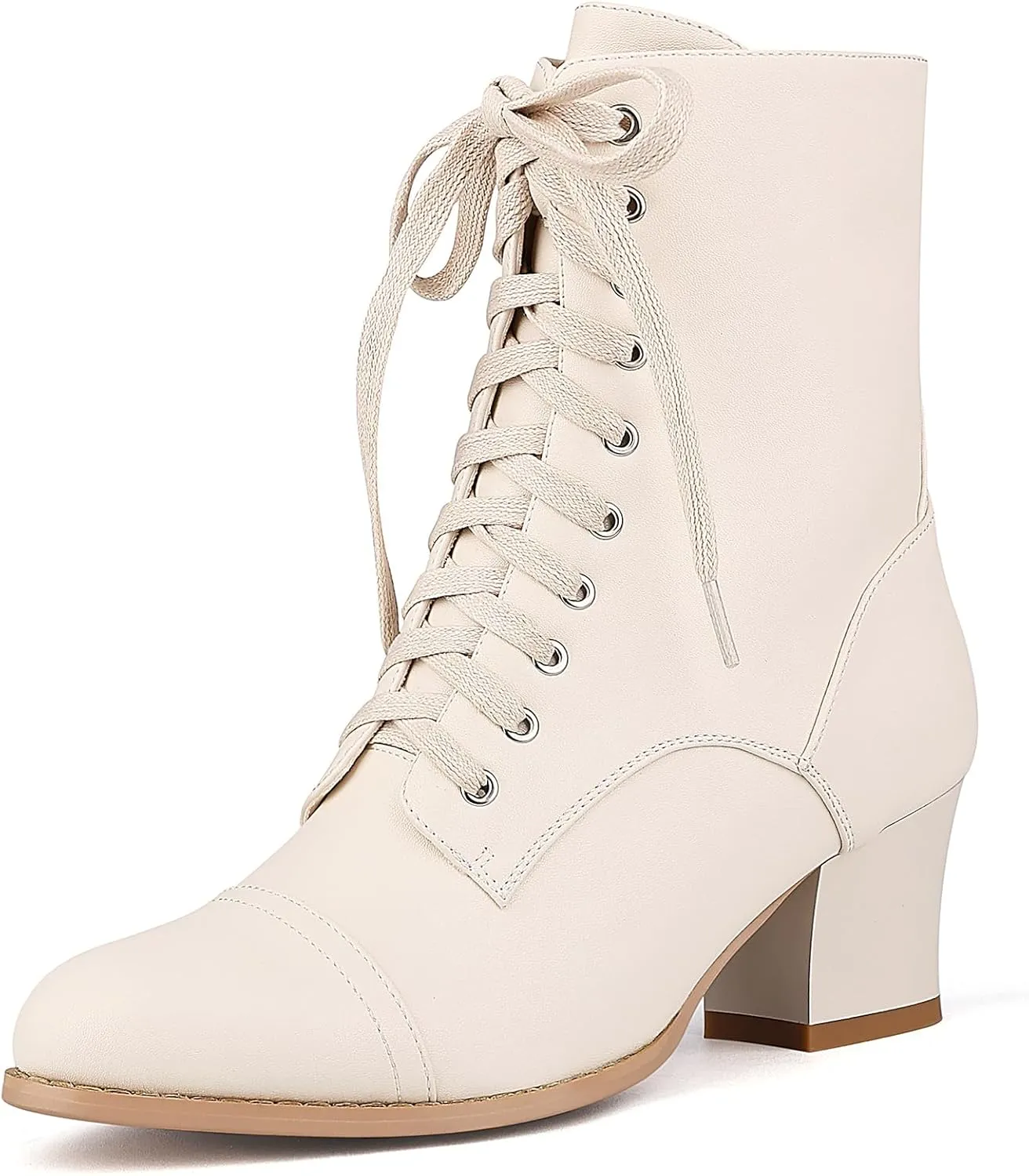 Short Ankle Boots Lace Up for Women Side Zipper Victorian Booties Block Chunky Mid Heel