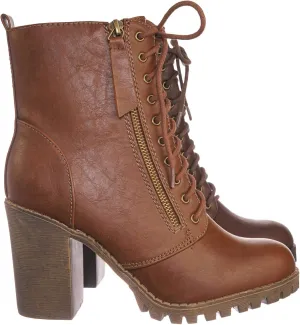 Soda Malia Round Toe Stacked Lug Heel Lace Up Ankle Booties